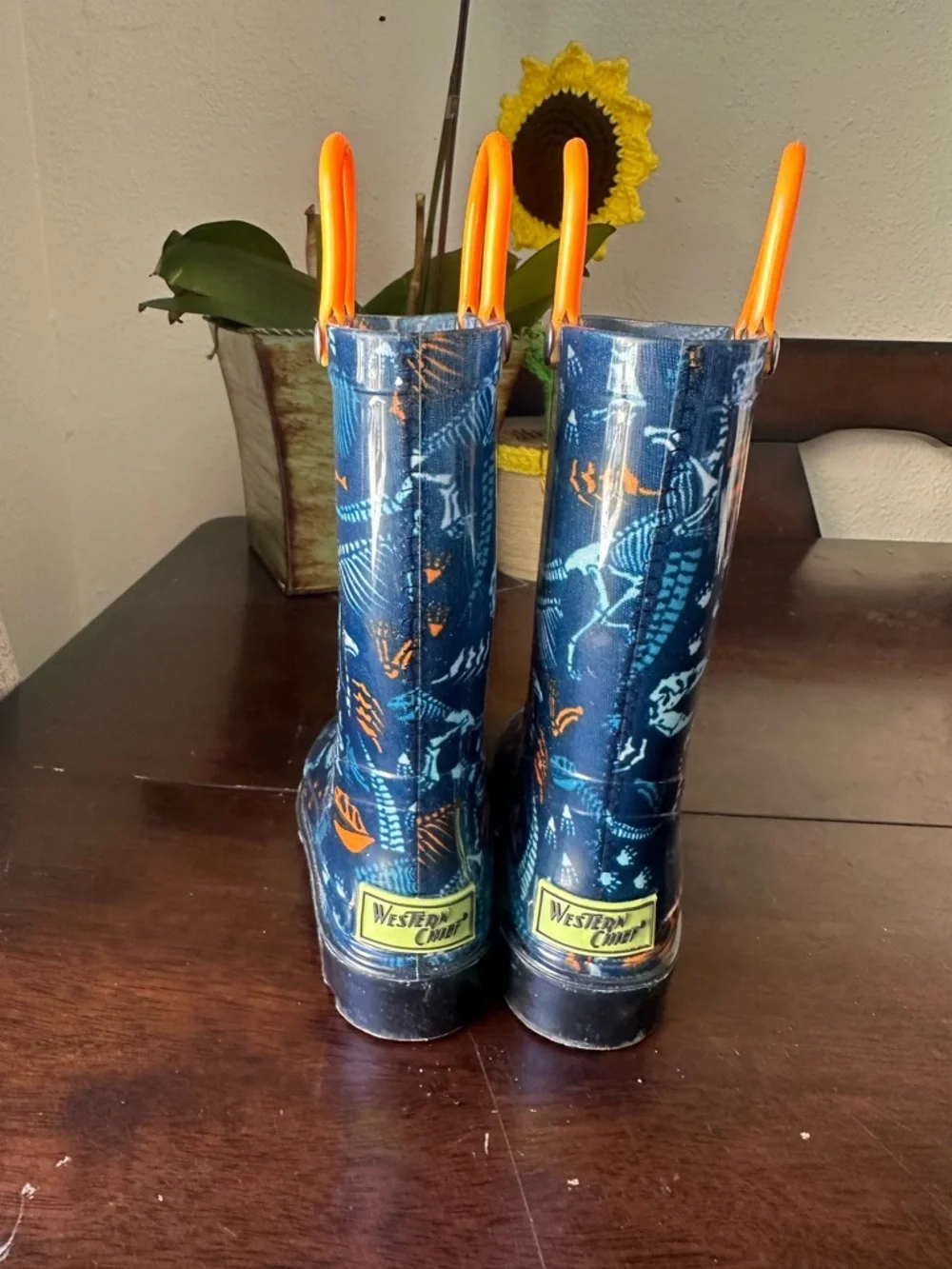 Western Chief Navy & Orange Dino-Print Kids Rain Boots